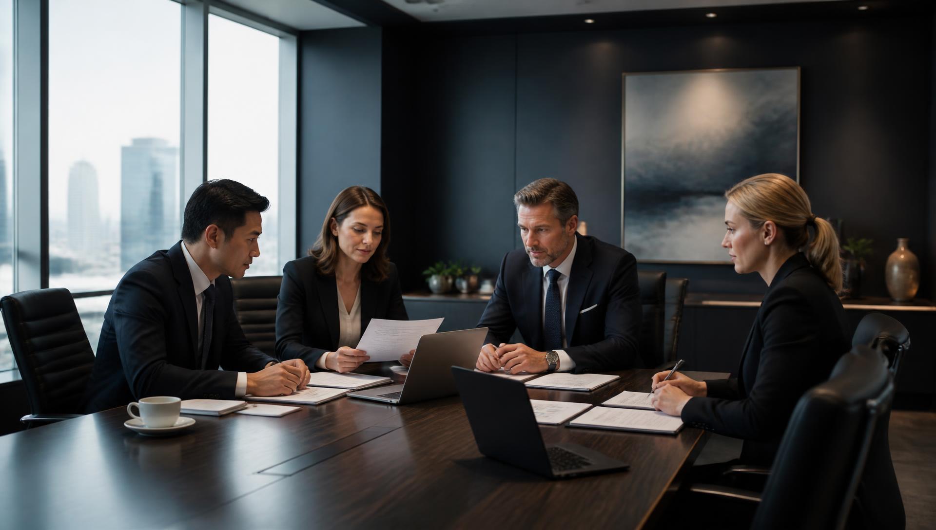 Financial services professionals reviewing loan portfolio documentation in a corporate boardroom